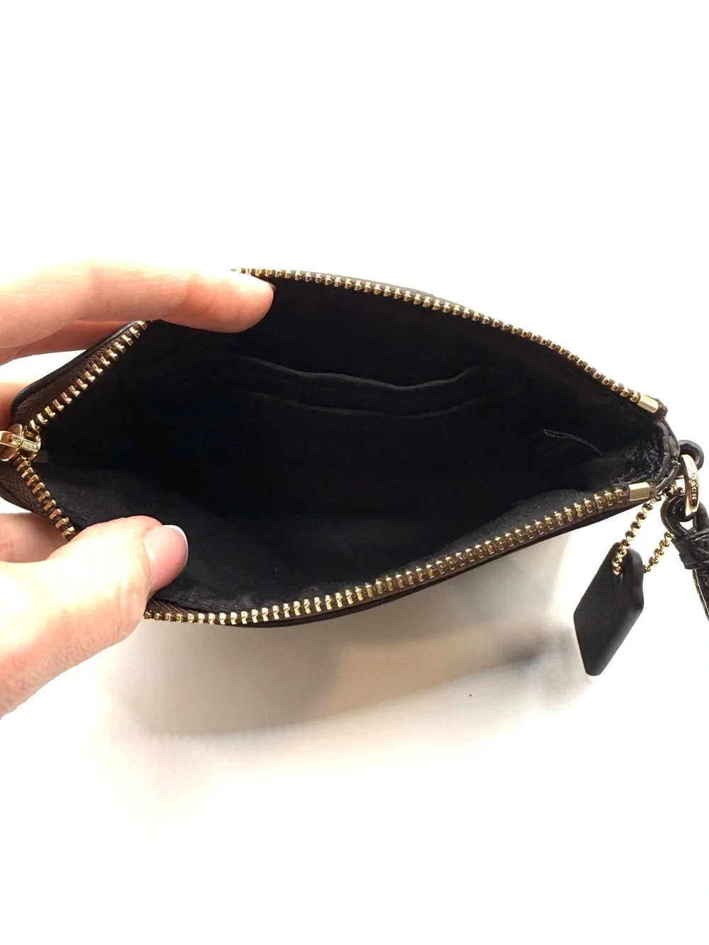 Coach Brown Signature Wristlet Coin Purse with Black Center Panel